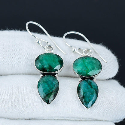 Green Emerald Gemstone Sterling Silver Earrings