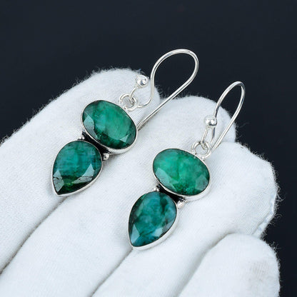 Green Emerald Gemstone Sterling Silver Earrings