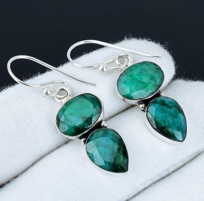 Green Emerald Gemstone Sterling Silver Earrings