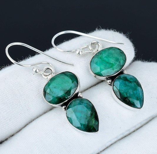 Green Emerald Gemstone Sterling Silver Earrings