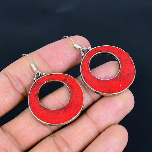 Red Coral Gemstone Sterling Silver Earrings
