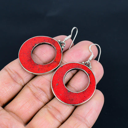 Red Coral Gemstone Sterling Silver Earrings