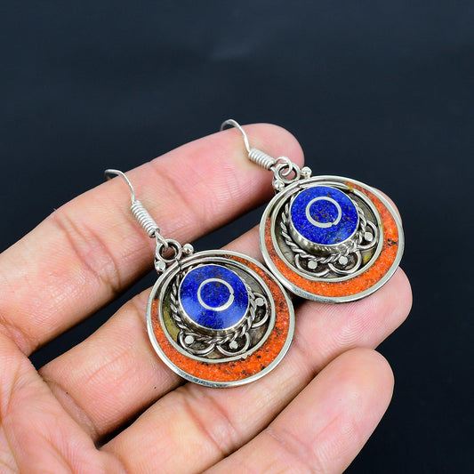 Red Coral & Blue Lapis Gemstone Silver Earrings