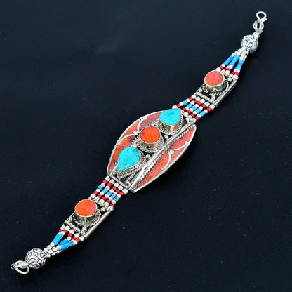 Red Coral & Turquoise Gemstone Sterling Silver Bracelet