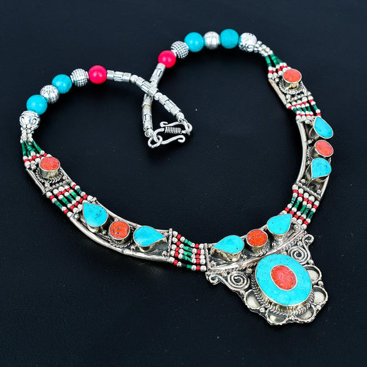 Turquoise & Red Coral Gemstone Necklace