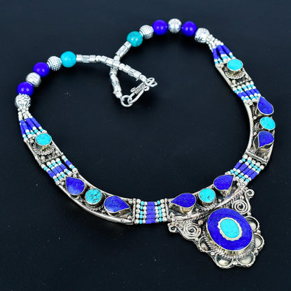 Blue Lapis Lazuli Gemstone Silver Necklace