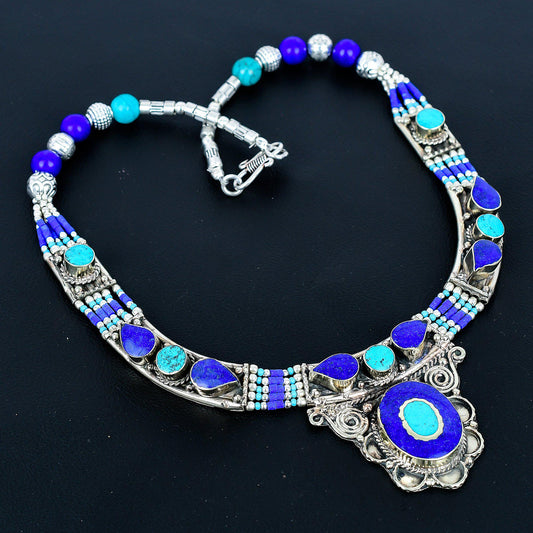 Blue Lapis Lazuli Gemstone Silver Necklace