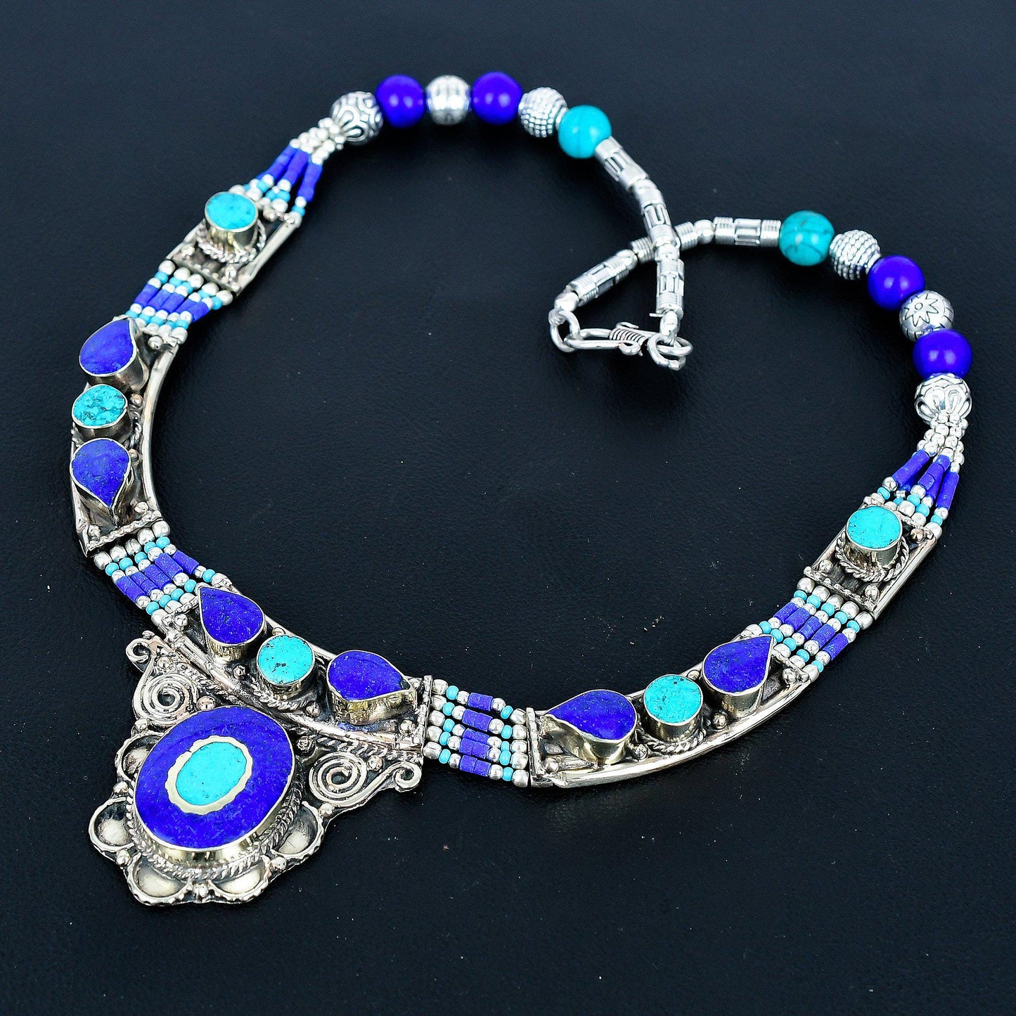 Blue Lapis Lazuli Gemstone Silver Necklace