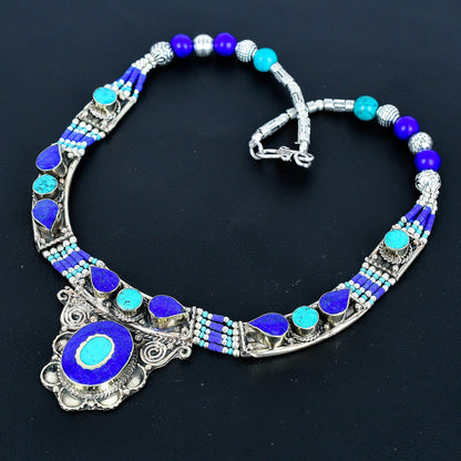 Blue Lapis Lazuli Gemstone Silver Necklace