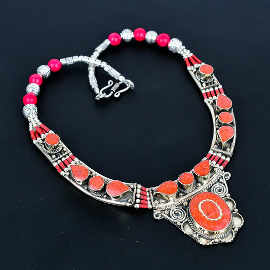 Red Coral Gemstone Sterling Silver Necklace