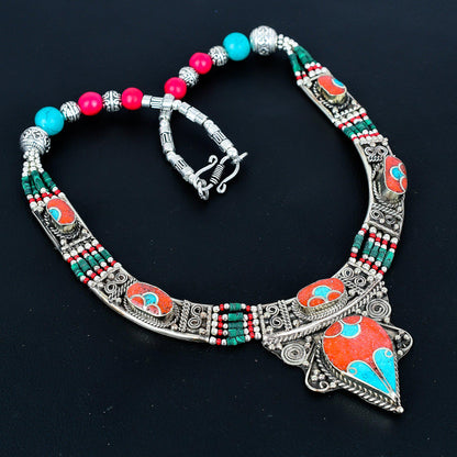 Turquoise and Red Coral Sterling Silver Necklace