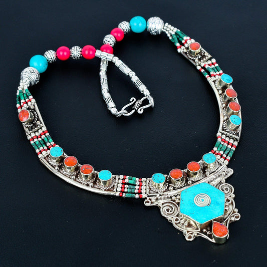 Turquoise & Red Coral Gemstone Necklace