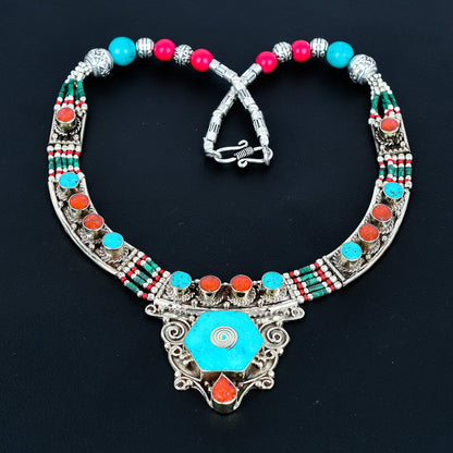Turquoise & Red Coral Gemstone Necklace